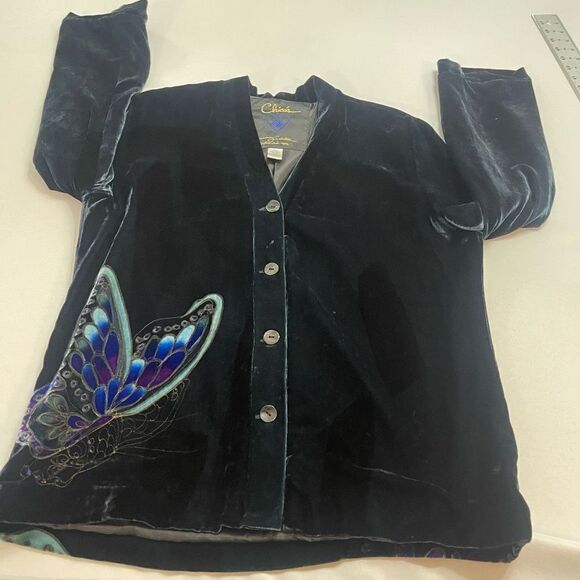 Chico’s Anniversary Collection Butterfly Silk Spruce Green Velvet Jacket Size 1 - Picture 8 of 11